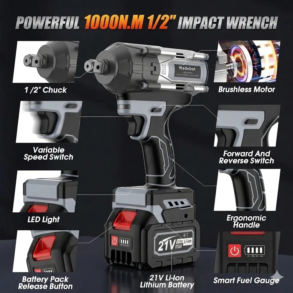 ⚡️50% Off Sale—Today Only⏰️  1000N.m Cordless Impact Wrench, All-Metal Cordless Impact Gun with 2*4.0Mah