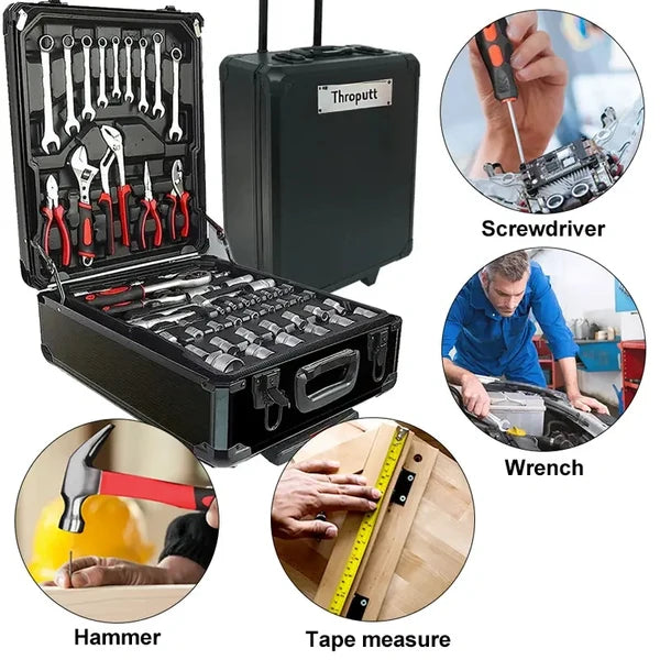 899-Piece Tool Set - High-Capacity Portable Metal Tool Case,Wheeled Mobile Tool Cabinet, and 4-Tier Aluminum Alloy Storage Unit- A Complete Kit for Mechanical Repair & Home Maintenance