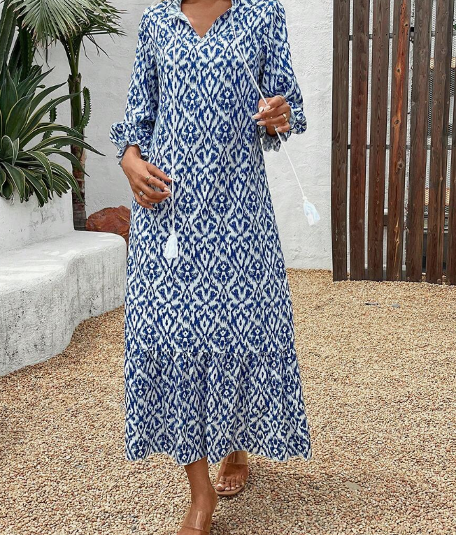 Women V-Neck Lantern Sleeve Floral Print Long Sleeve Dress