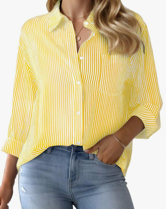Women's Button-Up Shirt Striped Classic Long Sleeve Collared Office Work Shirt Top With Pockets