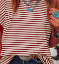 Striped Contrast Color Shoulder Short Sleeve Knit Casual Round Neck T-Shirt