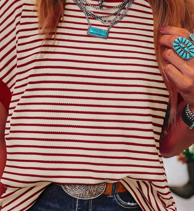 Striped Contrast Color Shoulder Short Sleeve Knit Casual Round Neck T-Shirt
