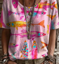 Women's Pink Short Sleeve Knit Round Neck Colorful Fish Print Regular T-Shirt