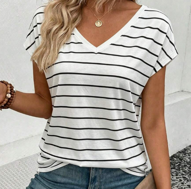 Women's Black And White Striped V-Neck Short Sleeve Casual T-Shirt