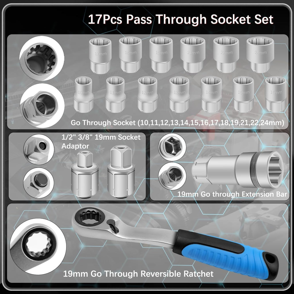 ⚡️50% Off Sale—Today Only⏰️ 17-Piece Pass Through Socket Set,Hollow Ratchet Socket Kit for Automotive Repair & Machine Maintenance